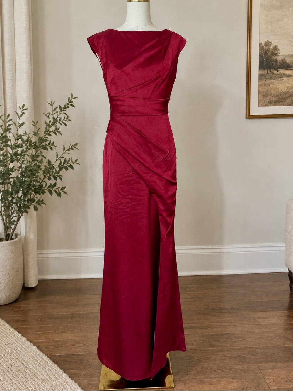 Ruby Red Satin Sheath Evening Gown, Size S — Like New!